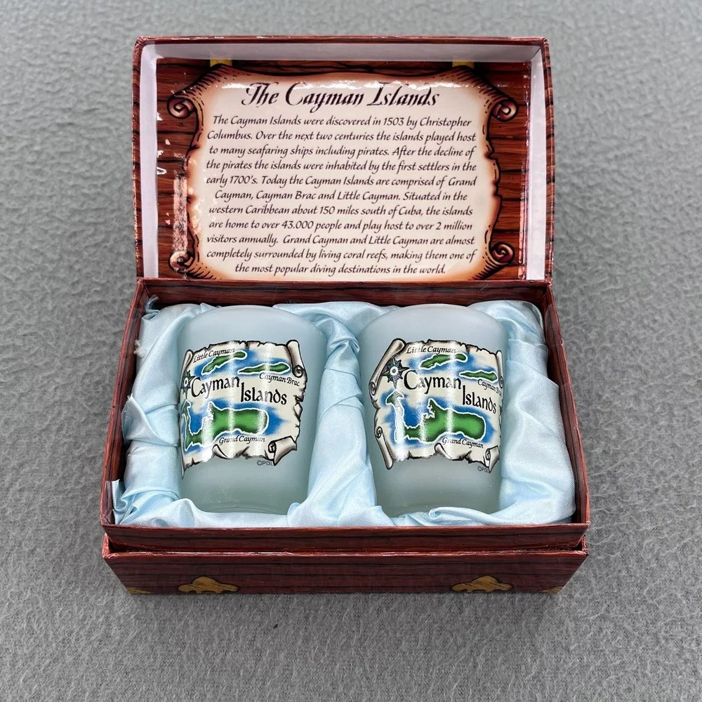 Cayman Islands Souvenir Shot Glass Set Frosted Glass Treasure Chest Box Tropical